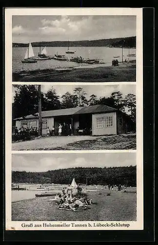 Foto-AK Hohenmeiler-Tannen bei Lübeck-Schlutup, Strandpartie, Gasthaus Hugo Schröder