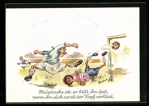 AK Torwart hält den Ball doch verliert den Kopf, Hauptsache ist: er hält ihn fest..., Fussball