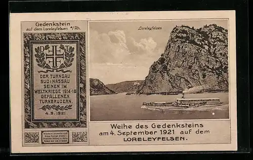 AK Loreleyfelsen a. Rh., Weihe des Gedenksteins 1921, Dampfschiff