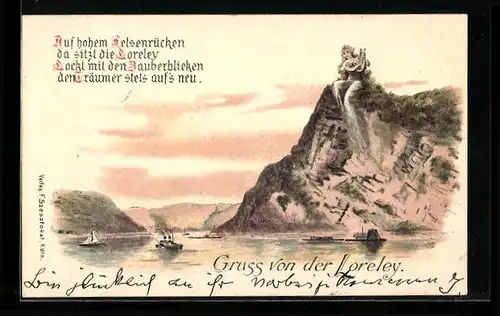 Lithographie Loreley auf dem Felsen sitzend und Harfe spielend