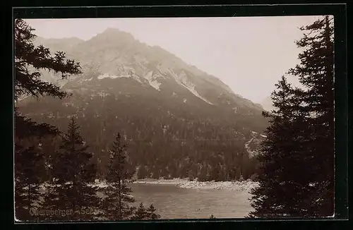 Foto-AK Fritz Gratl: Obernberger-See, See mit Berg im Wald