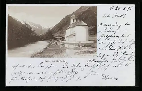 Foto-AK Fritz Gratl: Gschnitz, Fluss mit Kirche