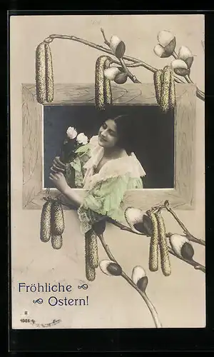 AK Hübsche Dame mit Blumen, Osterglocken