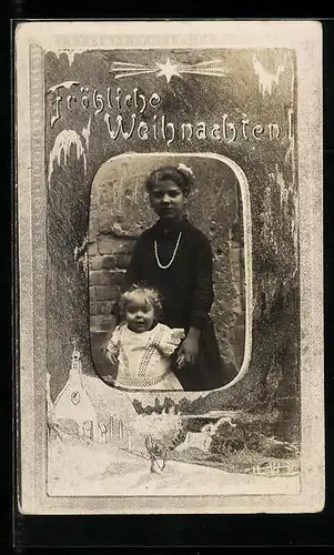 AK Weihnachtsgruss, grosse und kleine Schwester, Passepartout mit verschneiter Ortschaft