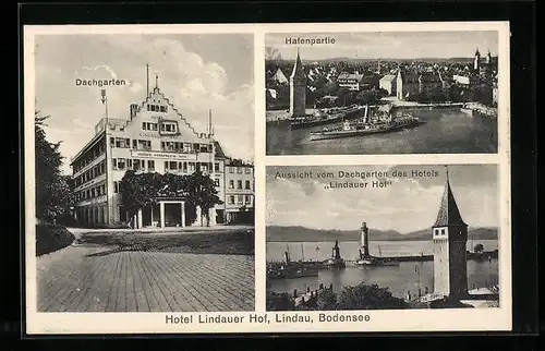 AK Lindau /Bodensee, Hotel Lindauer Hof, Aussicht vom Dachgarten, Hafenpartie