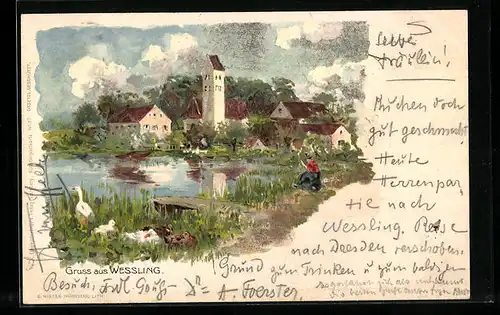 Lithographie Wessling, Uferpartie mit Kirche