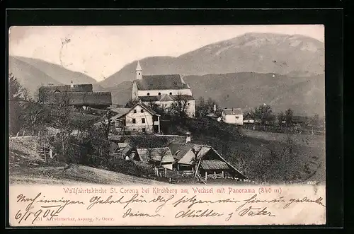 AK Kirchberg am Wechsel, Wallfahrtskirche St. Corona mit Panorama