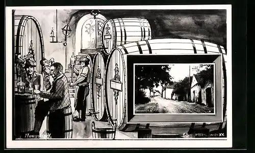 AK Haugsdorf, Strassenpartie mit Bäumen, Innenansicht Weinkeller, Passepartout