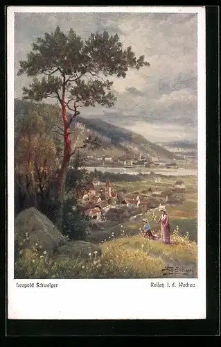 Künstler-AK Rossatz i. d. Wachau, Teilansicht mit Bäumen