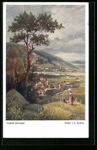 Künstler-AK Rossatz i. d. Wachau, Teilansicht mit Bäumen