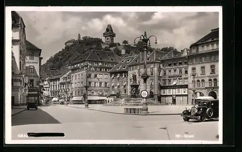 AK Graz, Ortsansicht mit Uhrturm und Café Nordstern