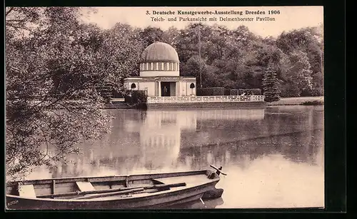 AK Dresden, Deutsche Kunstgewerbe-Ausstellung 1906, Teich- u. Parkansicht mit Delmenhorster Pavillon