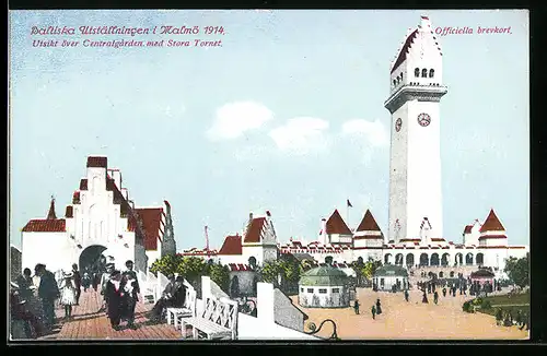 AK Malmö, Baltiska Utställningen 1914, Utsikt över Centralgarden med Stora Tornet