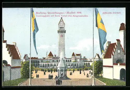 AK Malmö, Baltiska Utställningen 1914, Centralgarden och Stora Tornet fran Kongresshallen