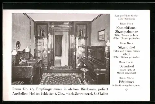 AK St. Gallen, Raumkunst-Ausstellung 1912, Raum No. 16, Empfangszimmer in afrikan. Birnbaum, poliert