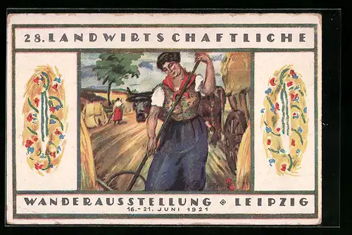 Künstler-AK Leipzig, 34. Landwirtschaftliche Wanderausstellung 1928, Bäuerin bei der Feldarbeit