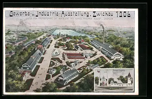 AK Zwickau, Gewerbe- u. Industrie-Ausstellung 1906, Gesamtansicht & Haupt-Eingang