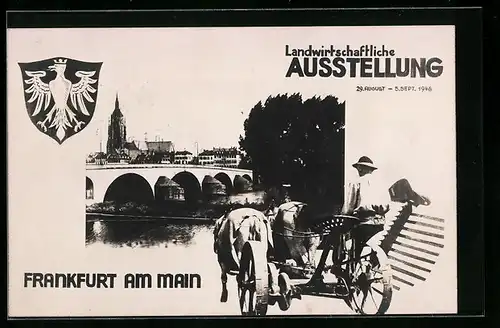 AK Frankfurt / Main, Landwirtschaftliche Ausstellung 1948, Stadtansicht und Pferdepflug
