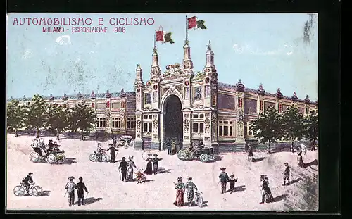 Künstler-AK Milano, Esposizione 1906, Automobilismo e Ciclismo