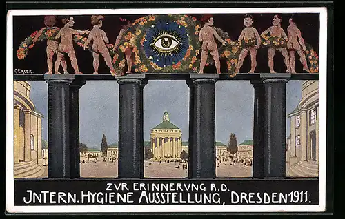 Künstler-AK Dresden, Intern. Hygiene-Ausstellung 1911, Blick zum Messegelände