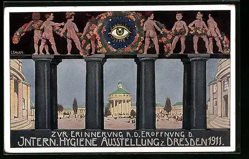 Künstler-AK Dresden, Intern. Hygiene-Ausstellung 1911, Blick zum Messegelände