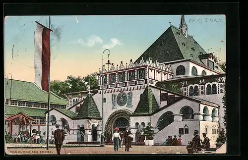 AK Dresden, Internationale Hygiene-Ausstellung 1911, Russischer Pavillon, Fahne