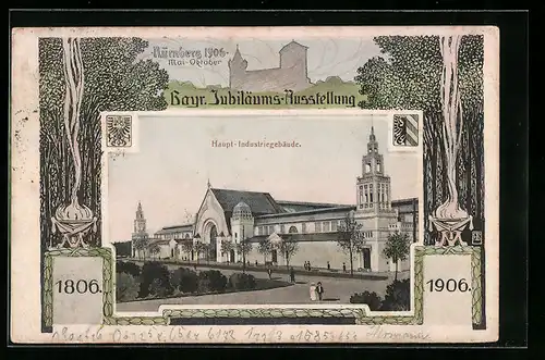 AK Nürnberg, Bayrische Jubiläums-Ausstellung 1906, Haupt-Industrie-Gebäude, Feuerschalen