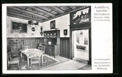 AK München, Ausstellung bemalter Wohnräume 1909, Wohnzimmer in der herrschaftlichen Wohnung