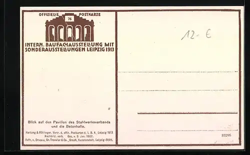 AK Leipzig, Internationale Baufachausstellung 1913, Pavillon des Stahlwerksverbands und Betonhalle