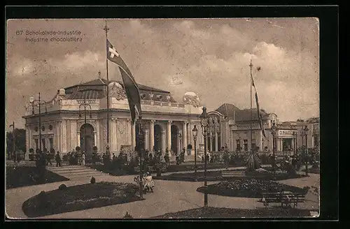 AK Bern, Landes-Ausstellung 1914, Schokolade-Industrie, Gebäude mit Anlagen und Fahnen
