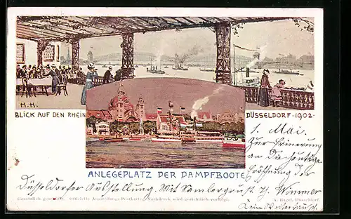 Lithographie Düsseldorf, Ausstellung 1902 - Blick auf den Rhein, Anlegeplatz der Dampfboote