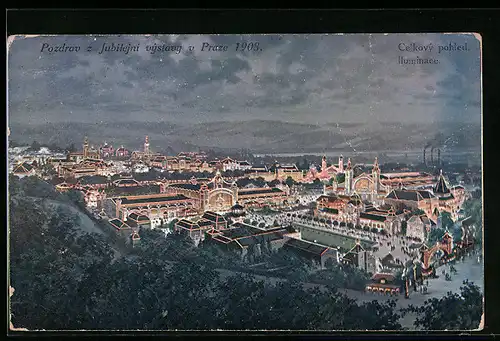 AK Praze, Pozdrav z Jubilejni vystavy v Praze 1908, Cekovy pohled, Iluminace, Ausstellung