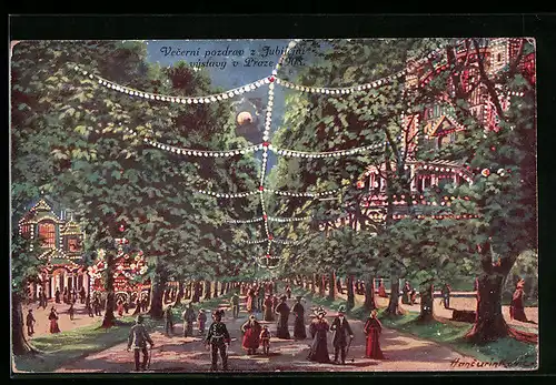 Künstler-AK Praze, Vecerni pozdrav s Jubilejni vystavy v Praze 1908, Ausstellung