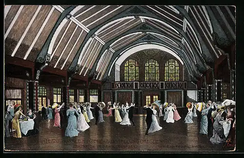 AK Dresden, Intern. Hygiene-Ausstellung 1911, Tanzsalon im Erholungspark, Ganzsache