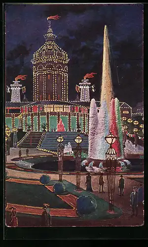 Künstler-AK Mannheim, Jubiläums-Ausstellung, Am Wasserturm mit der Leuchtfontaine