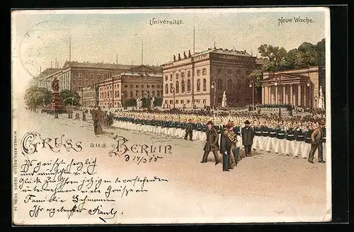 Lithographie Berlin, Militäraufmarsch an der Neuen Wache und Universität