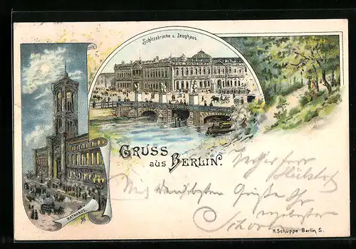 Lithographie Berlin, Schlossbrücke und Zeughaus, Rathaus