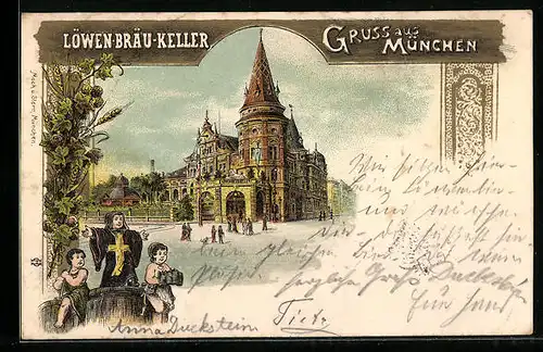 Lithographie München, Gasthaus Löwen-Bräu-Keller mit Münchner Kindl