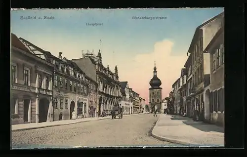 AK Saalfeld a. Saale, Blankenburgerstrasse mit Geschäften und Hauptpost