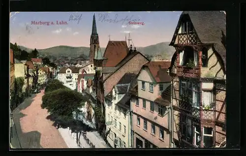 AK Marburg /Lahn, Steiweg mit Kirche, von oben gesehen