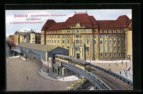 AK Hamburg, Hochbahn beim Rödlingsmarkt mit Bahnhof und Steuergebäude