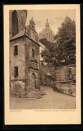 AK Marburg, Strassenpartie an der lutherischen Pfarrkirche