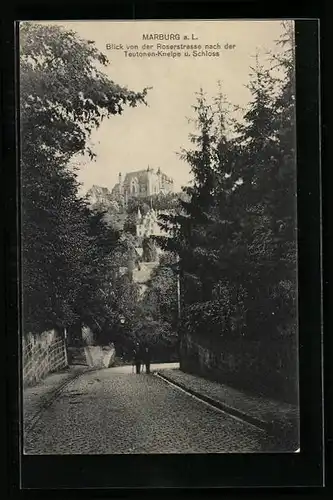 AK Marburg, Roserstrasse mit Teutonen-Kneipe u. Schloss