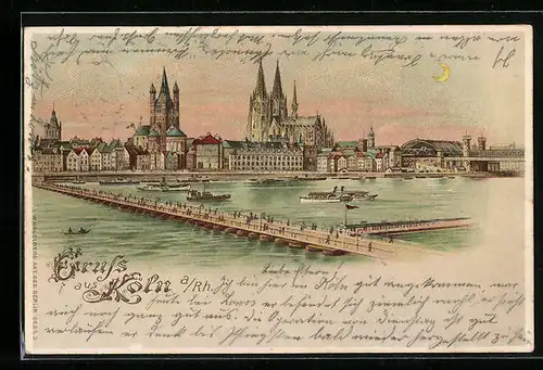 Lithographie Köln a. Rh., Uferpartie mit Dom und Brücke bei Mondschein, Halt gegen das Licht