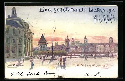 Künstler-AK Luzern, Eidgenössisches Schützenfest 1901, Ausblick vom Festplatz gegen die Stadt