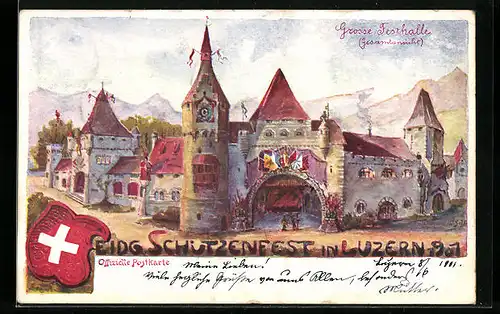 Künstler-AK Luzern, Eidgenössisches Schützenfest 1901, Grosse Festhalle, Gesamtansicht