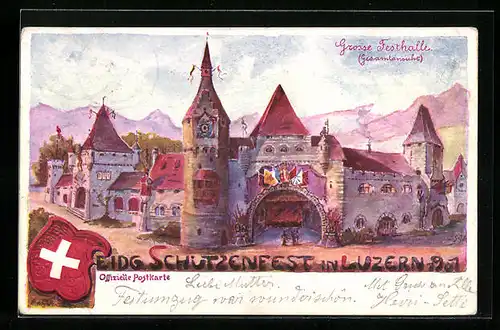 Künstler-AK Luzern, Eidgenössisches Schützenfest 1901, Grosse Festhalle, Gesamtansicht
