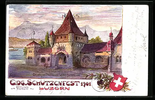 Künstler-AK Luzern, Eidgenössisches Schützenfest 1901, Empfengs-Pavillon und Gabenhallen