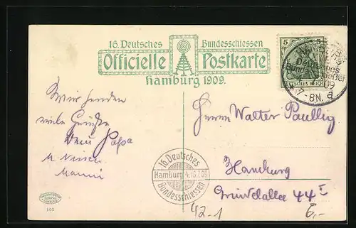 Künstler-AK Hamburg, 16. Deutsches Bundesschiessen 1909, Gasthaus Wurstglöckchen von C. Böhle