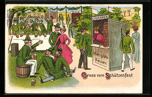 AK Gruss vom Schützenfest, Zigarrenstand und Biertisch